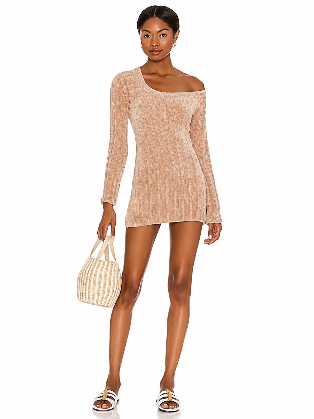 MAJORELLE Britta Chenille Mini Dress in Beige/Size Medium